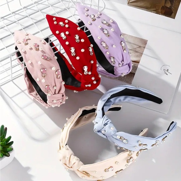 Blue Easter Bunny Faux Pearl Knotted Headband - Picture 2 of 4